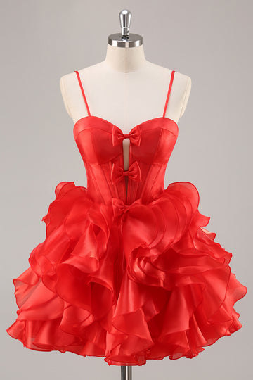Red A Line Corset Keyhole Ruffled Short Homecoming Dress With Bows